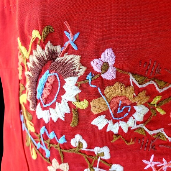Vintage Boho Embroidered Shirt S Chinese Red Blouse Short Sleeve 60s 70s - Picture 6 of 13